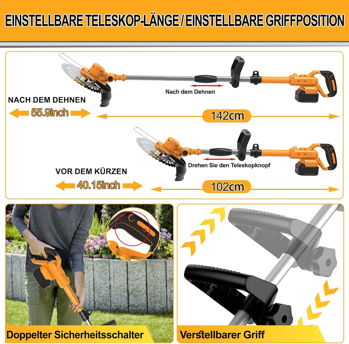 2026 Akku Rasentrimmer mit Akku und Unkrautbürste 4 in 1 Freischneider mit Unkrautbürste 21V Bürstenloser Freischneider, Elektro Motorsense mit 2 Akku 4.0Ah und Ladegerät Teleskop, Verstellbarer, Orange