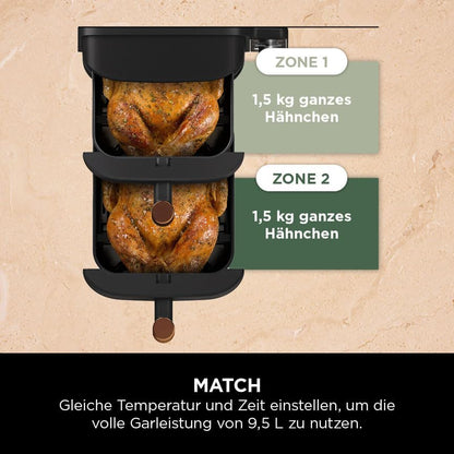 2026 Ninja Double Stack XL Heißluftfritteuse, 2 vertikale Schubladen, 4 Kochstufen, 2 Einschübe, platzsparendes Design, 9,5 L Fassungsvermögen, 6 Funktionen, 8 Portionen, Zange, Schwarz/Kupfer SL400EUCP