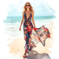 Damen Chiffon-Maxikleid mit Blumenmuster
