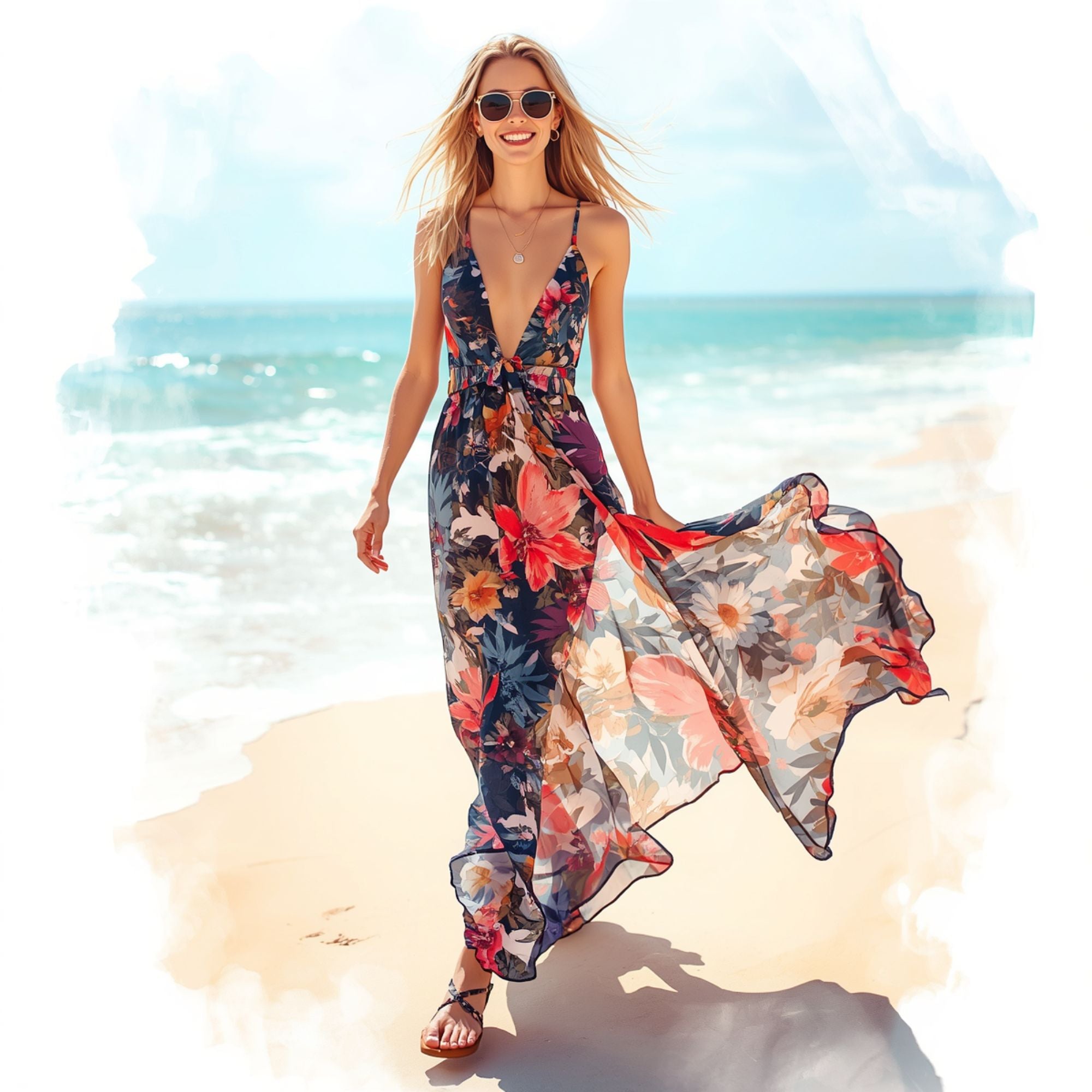 Damen Chiffon-Maxikleid mit Blumenmuster