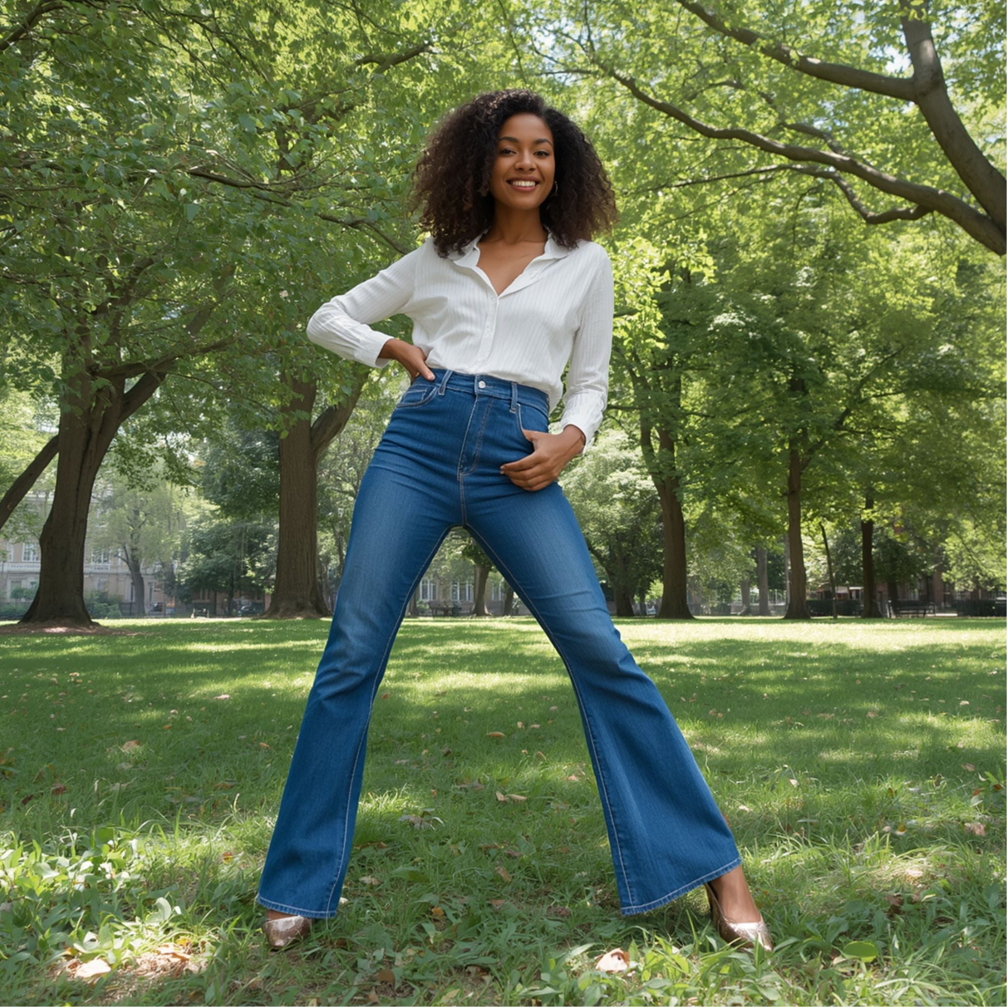 Damen High-Waist Bootcut-Jeans in Hellblau