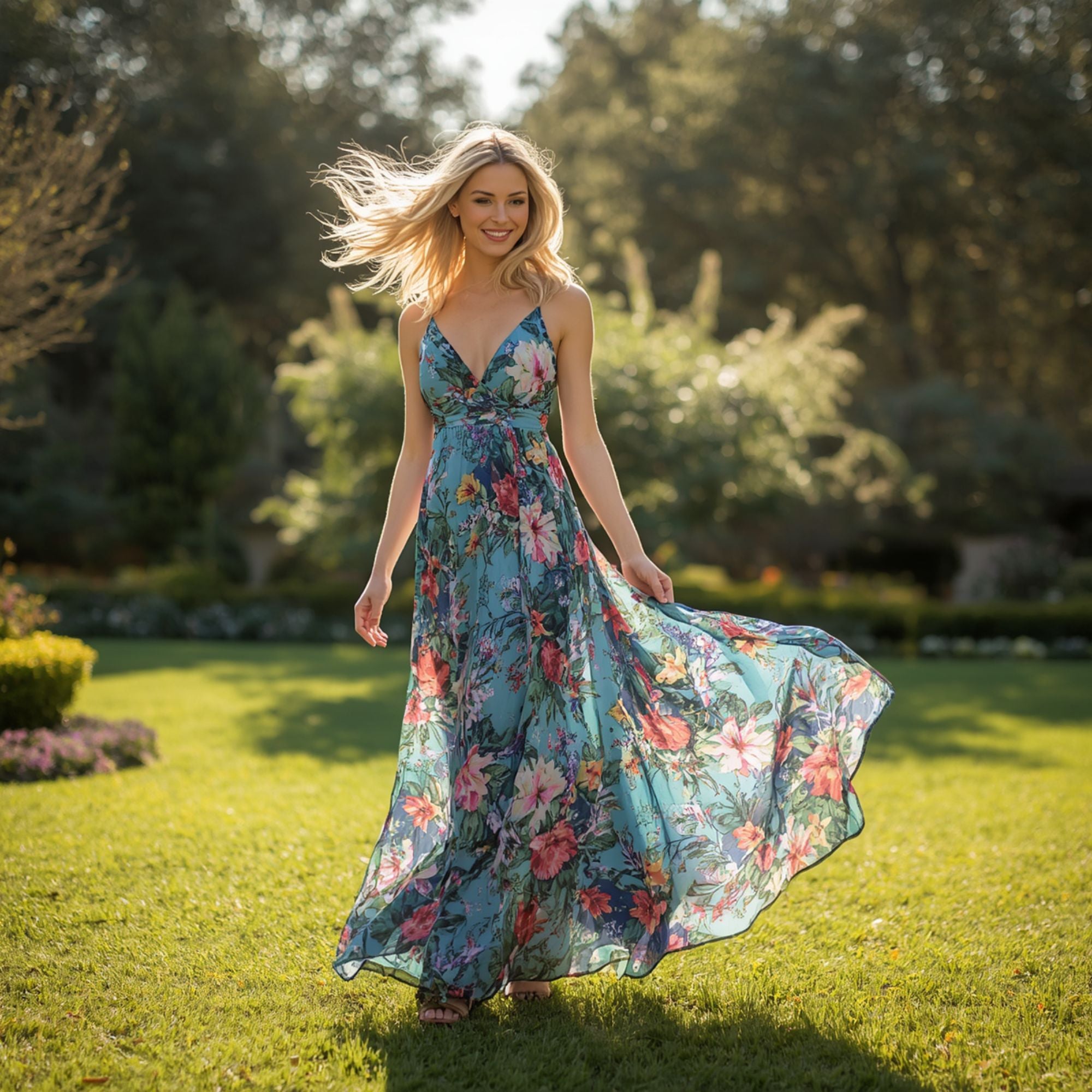 Damen Maxikleid mit Blumenmuster und Chiffonrock