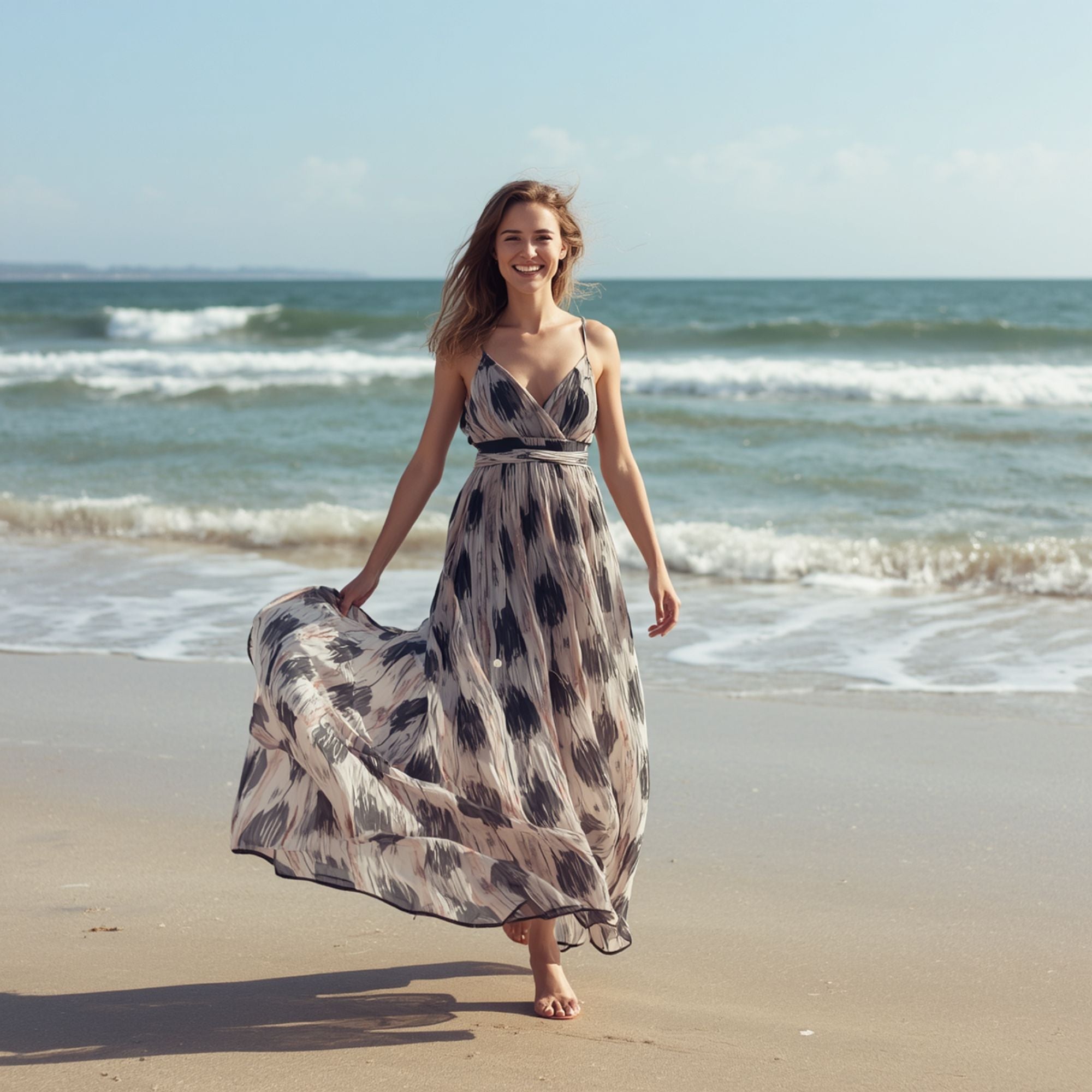 Damen Maxikleid mit abstraktem Print und V-Ausschnitt