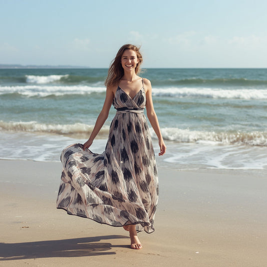 Damen Maxikleid mit abstraktem Print und V-Ausschnitt