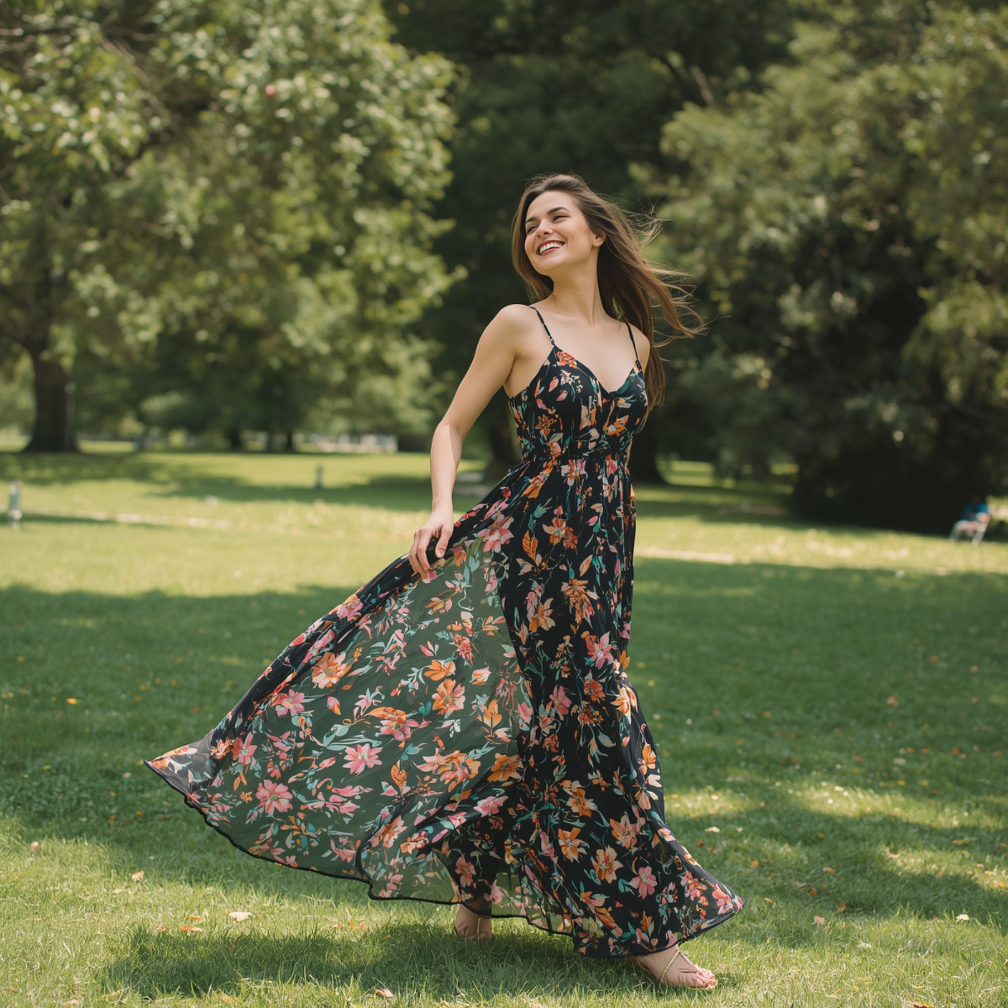 Damen Maxikleid mit floralem Muster und Spaghettiträgern