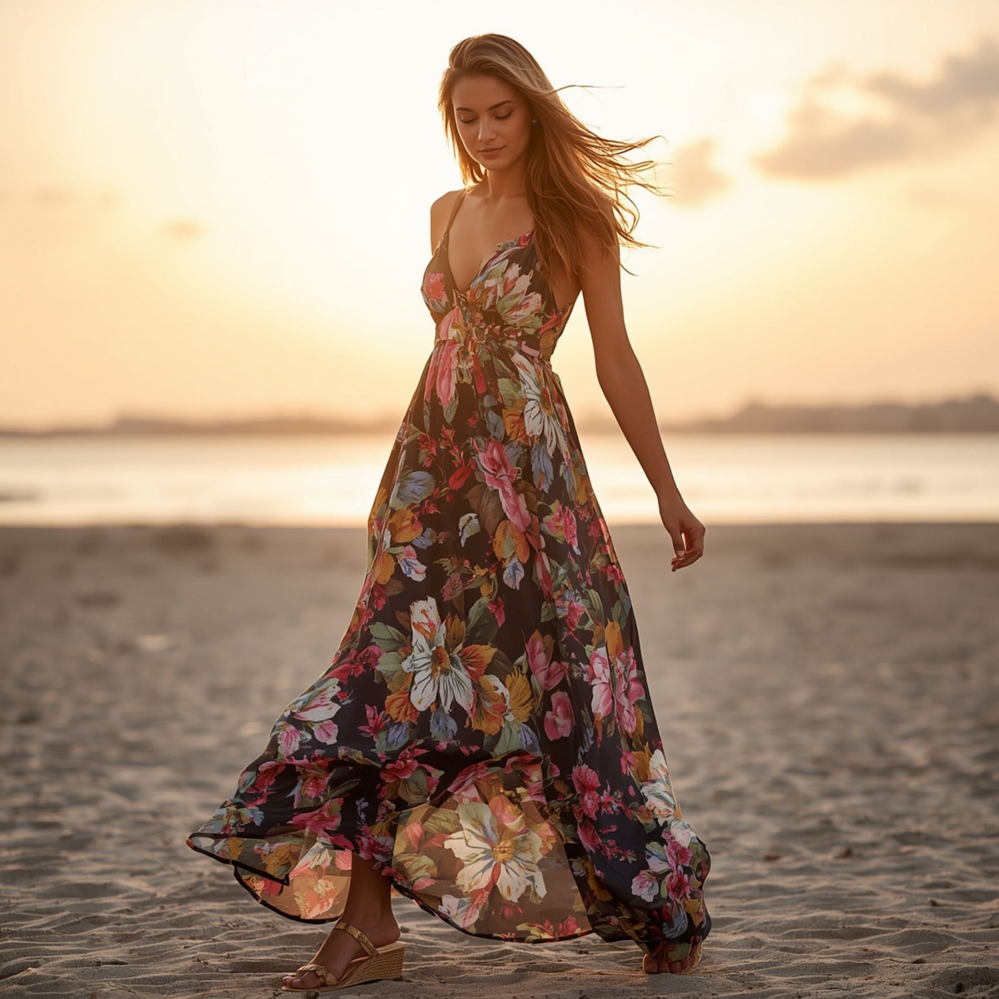 Damen Maxikleid mit floralem Print und V-Ausschnitt