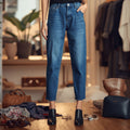 Damen Slim-Fit-Jeans mit hohem Bund in Dunkelblau