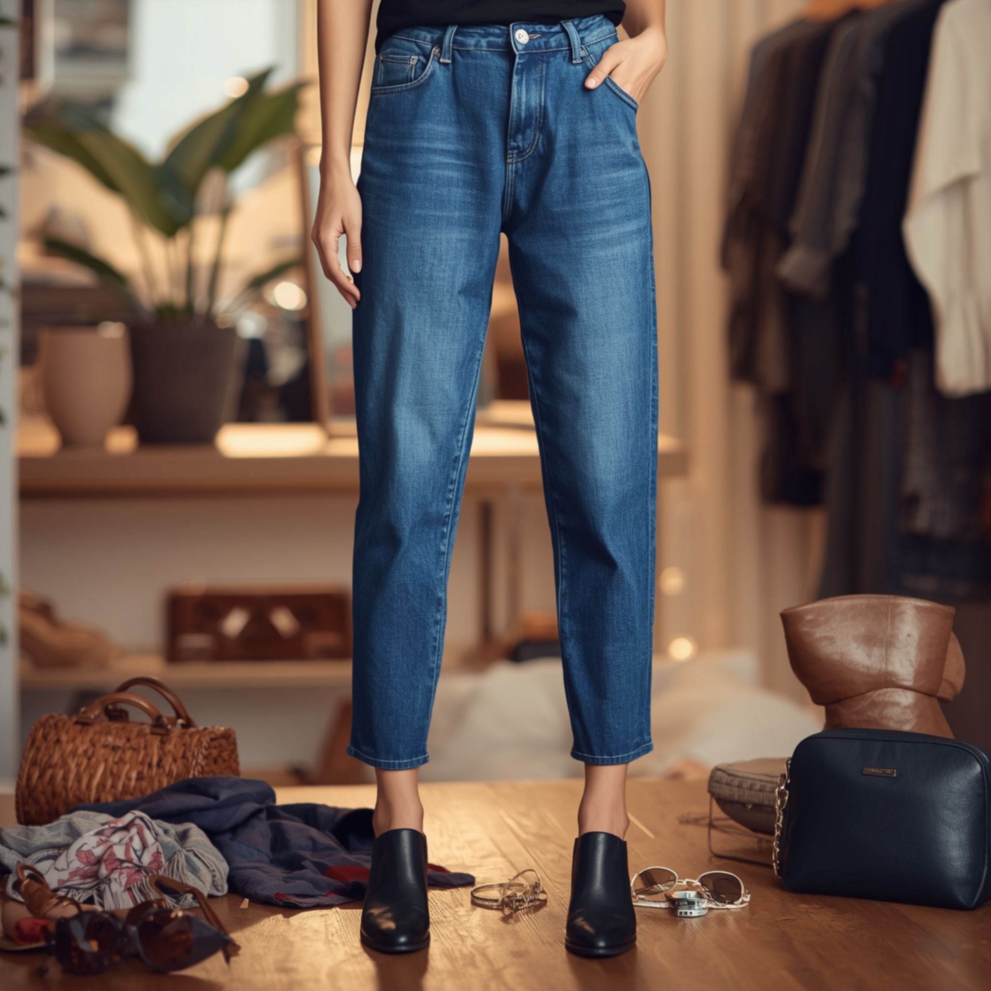 Damen Slim-Fit-Jeans mit hohem Bund in Dunkelblau