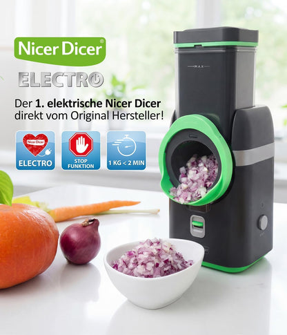2026 Nicer Dicer Electro Gemüsehobel elektrisch Deluxe Set 32 tlg, Gemüseschneider automatisch, Käsereibe für Gemüse, Obst, Nüsse, 9 Extrascharfe Einsätze, Einfache Reinigung, Leistungsstark