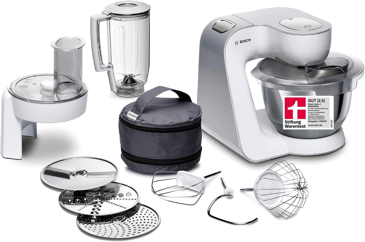2026 Bosch Küchenmaschine Serie 4, Edelstahl-Schüssel 3,9 L, Knethaken, Schlag- und Rührbesen Edelstahl spülmaschinenfest, Mixer 1,25 L, Durchlaufschnitzler, 3 Scheiben, 1000 W, Weiß, MUM58W20