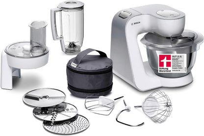 2026 Bosch Küchenmaschine Serie 4, Edelstahl-Schüssel 3,9 L, Knethaken, Schlag- und Rührbesen Edelstahl spülmaschinenfest, Mixer 1,25 L, Durchlaufschnitzler, 3 Scheiben, 1000 W, Weiß, MUM58W20