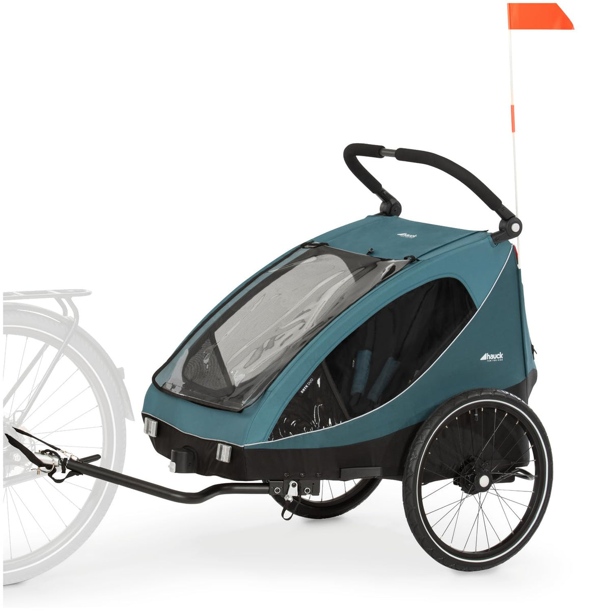 2026 hauck Fahrradanhänger & Kinderwagen Dryk Duo Plus mit Federung, für 2 Kinder (6-48 Monate), inkl. Deichsel, Buggyrad, Fahne und LED Licht, Faltbar, Höhenverstellbar, XL Kofferaum (Dark Green)
