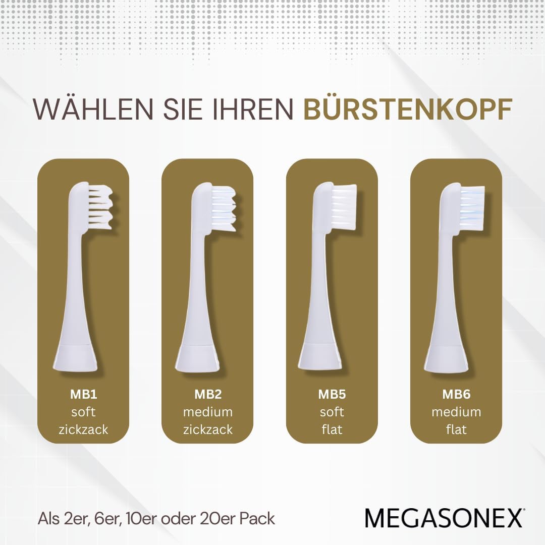 2026 MEGASONEX Ultraschall-Zahnbürste M8 Set - Mit 2 Vibrations-Stufen - zusätzlich inkl. 2x Bürstenköpfe Soft Weiß