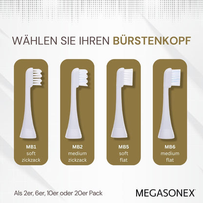 2026 MEGASONEX Ultraschall-Zahnbürste M8 Set - Mit 2 Vibrations-Stufen - zusätzlich inkl. 2x Bürstenköpfe Soft Weiß