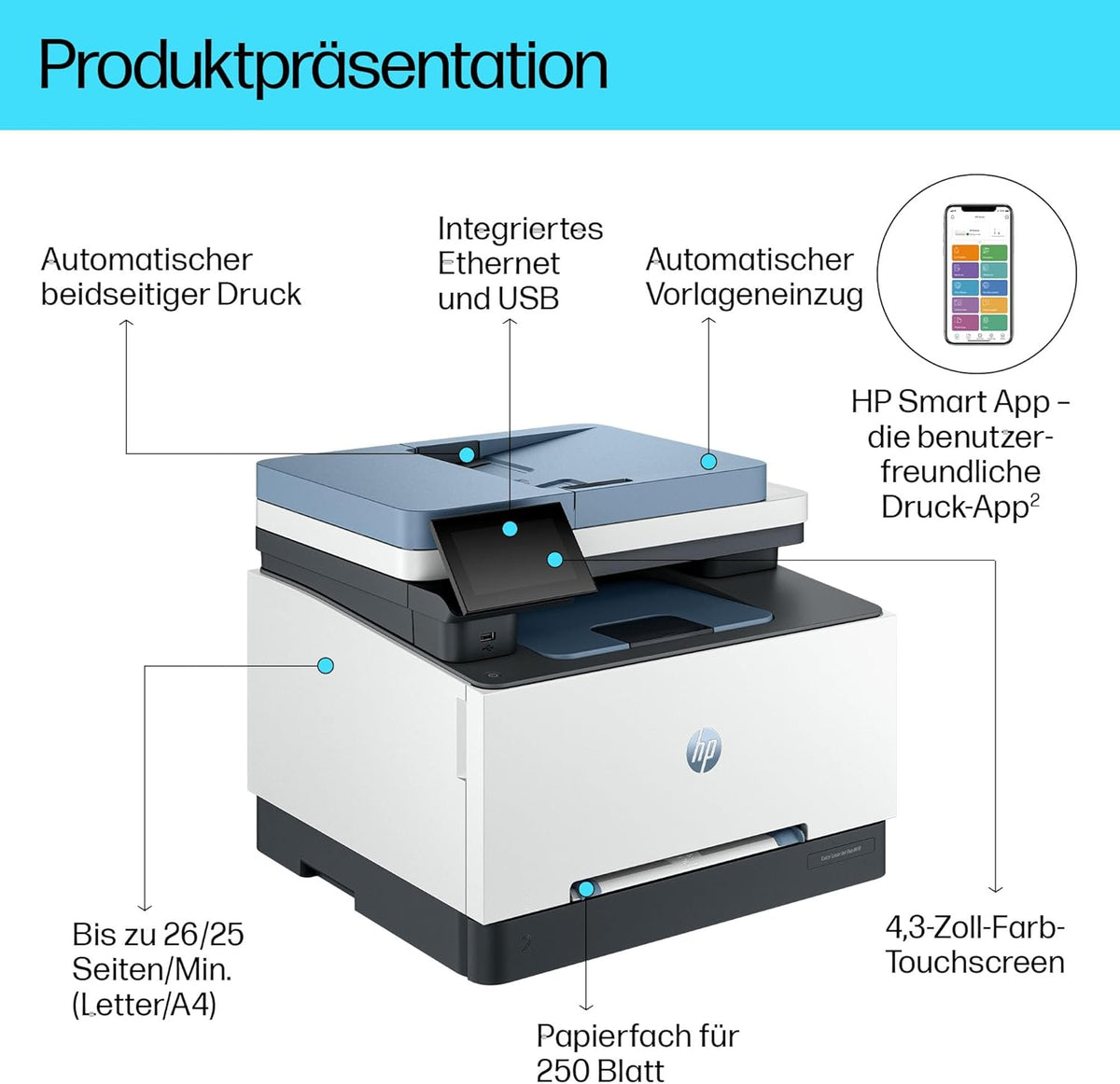 2026 HP Color LaserJet Pro MFP 3302fdwg Multifunktions-Farblaserdrucker, Fax, Automatischer beidseitiger Druck, Touchscreen, Wi-Fi, Ethernet, USB, HP Wolf Pro Security