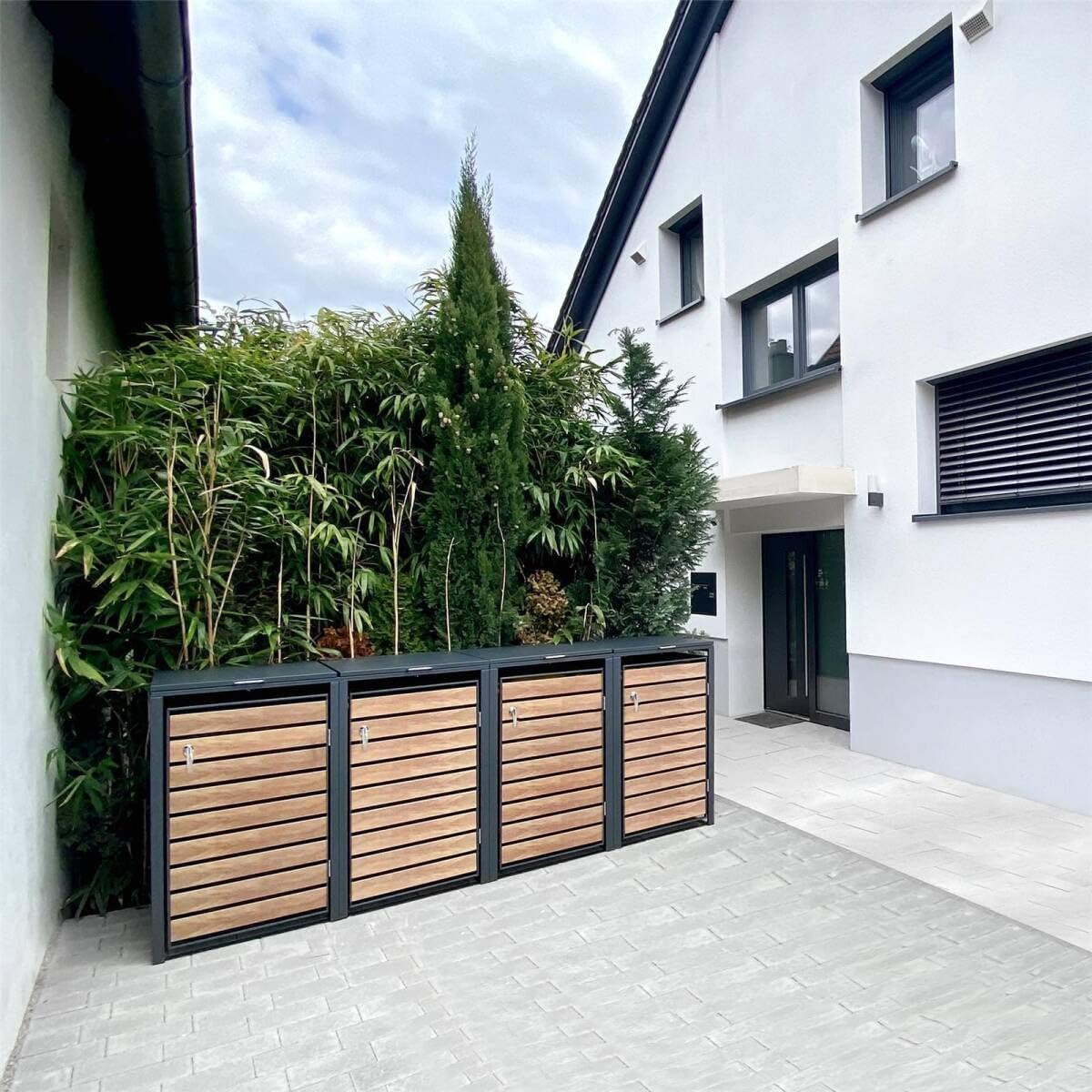 2026 Metzler Mülltonnenbox in Anthrazit & Holzoptik 2er 240L, Mülltonnenverkleidung 2 Tonnen, witterungsbeständiger und pulverbeschichteter Stahl mit Automatikdeckel, abschließbar, Garten- und Müllbox