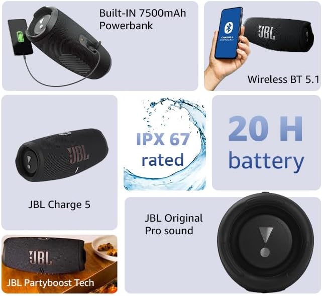 2026 JBL Charge 5 Bluetooth-Lautsprecher in Schwarz – Wasserfeste, portable Boombox mit integrierter Powerbank – Eine Akku-Ladung für bis zu 20 Stunden kabellosen Musikgenuss