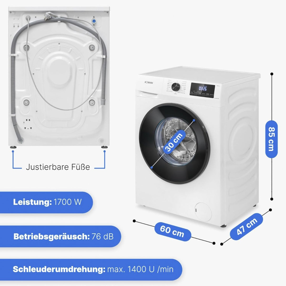 2026 Bomann Waschmaschine 7kg | max. 1400 U/min | 10 Jahre Motor-Garantie | effizienter, leiser & langlebiger Invertermotor | 15 Programme | Endzeitvorwahl | LED-Display | Washing Machine | WA 7175 wei