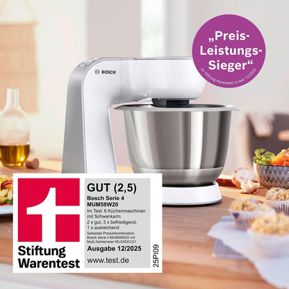 2026 Bosch Küchenmaschine Serie 4, Edelstahl-Schüssel 3,9 L, Knethaken, Schlag- und Rührbesen Edelstahl spülmaschinenfest, Mixer 1,25 L, Durchlaufschnitzler, 3 Scheiben, 1000 W, Weiß, MUM58W20