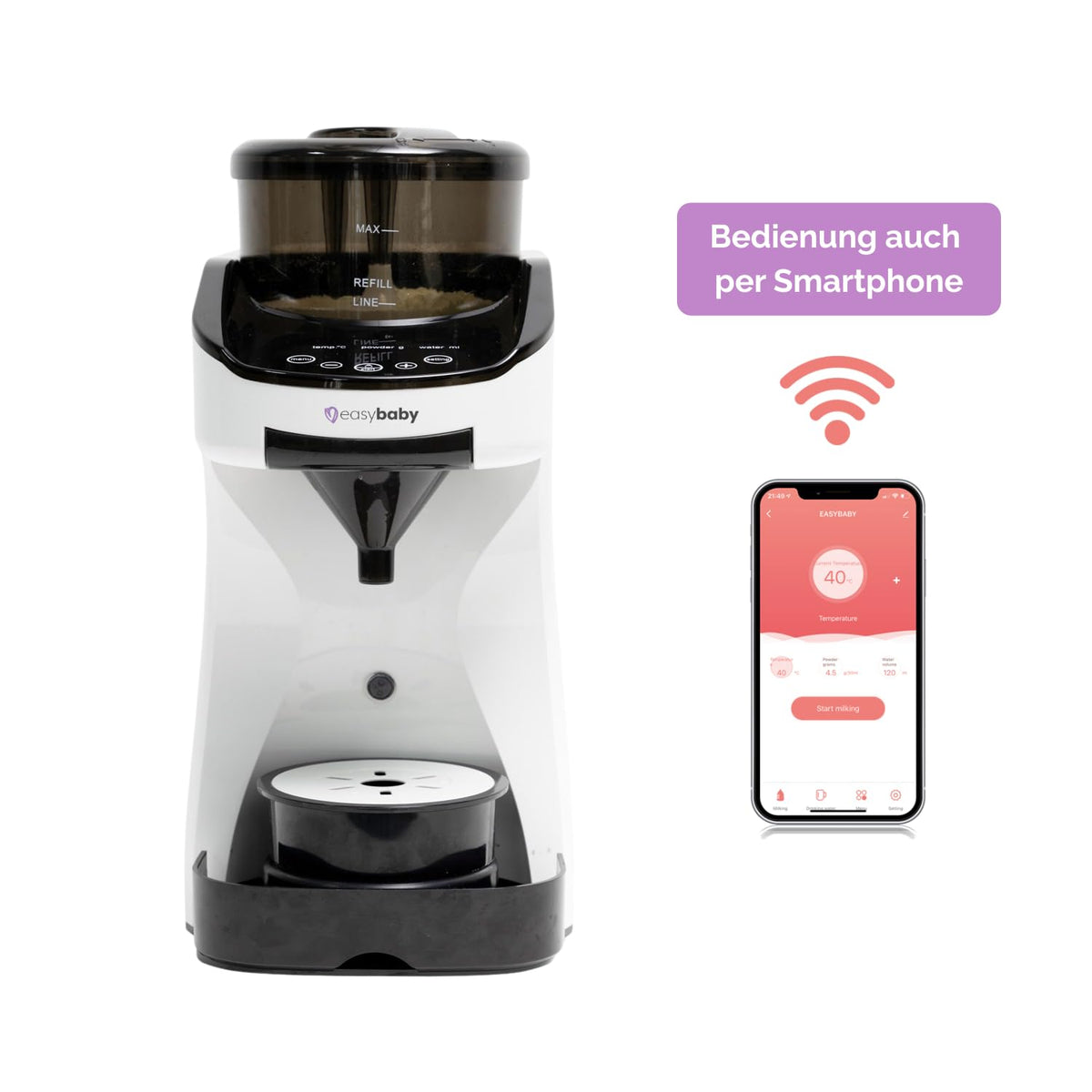 2026 Easybaby Milk Maker - Automatischer Flaschenzubereiter - die Perfekte Babyflasche auf Knopfdruck, Flaschenwärmer, Bedienung mit dem Smartphone