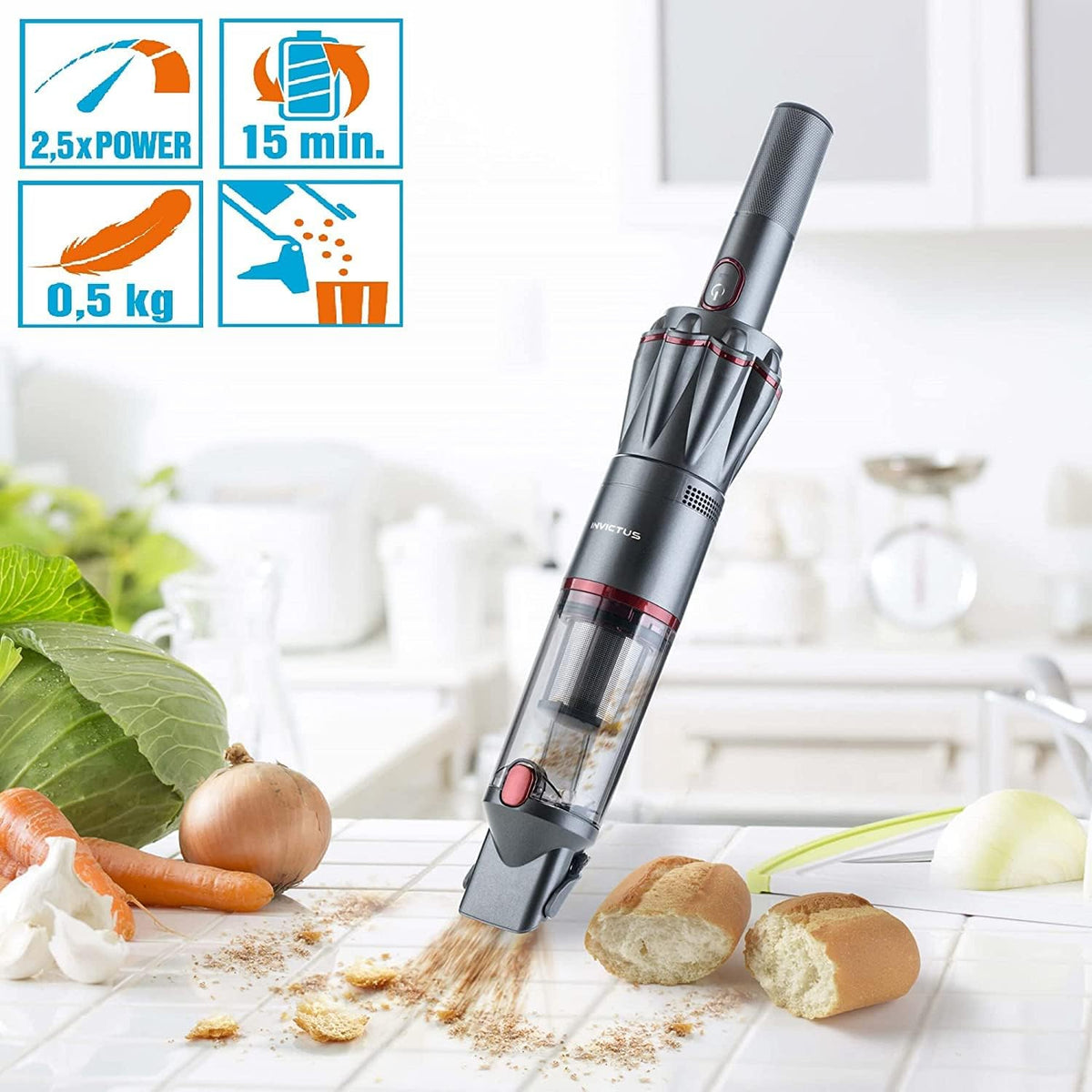 2026 Genius Neu Invictus One 1.0 Handstaubsauger 12-TLG grau - Handsauger beutellos & kabellos mit 11000PA | HEPA Filter, Lithium Ionen Akku, Tierhaarbürste, Behälter 180ml