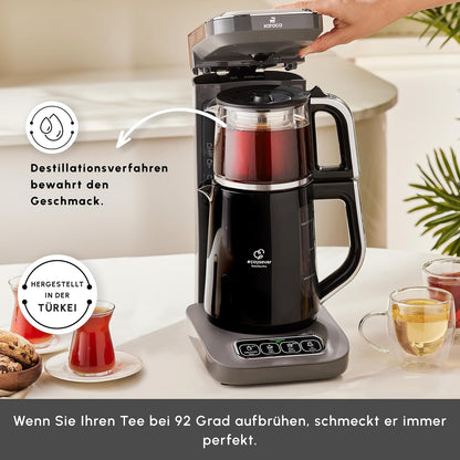 2026 Karaca Caysever Robotea Pro 4-in-1 Sprechender Automatischer Teekocher & Caydanlik, Filterkaffeemaschine, Breiwassererwärmer und Wasserkocher Teemaschine, 2500W, Space Gray Türkische Teekanne