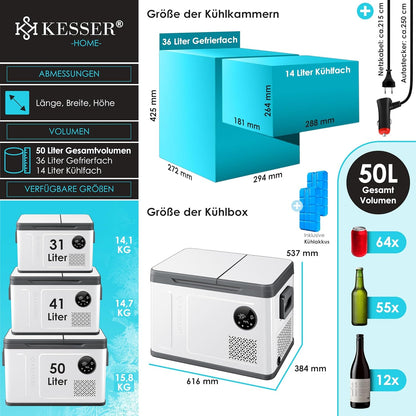 2026 KESSER Kompressor Kühlbox 2in1 Doppelzone Kühl & Gefrierfach elektrische Gefrierbox mit 2x Kühlakkus & LED-Touch-Bedienung | Kühlschrank Kühlung bis -20 °C für Camping, Auto, Lkw 12/24V 230V