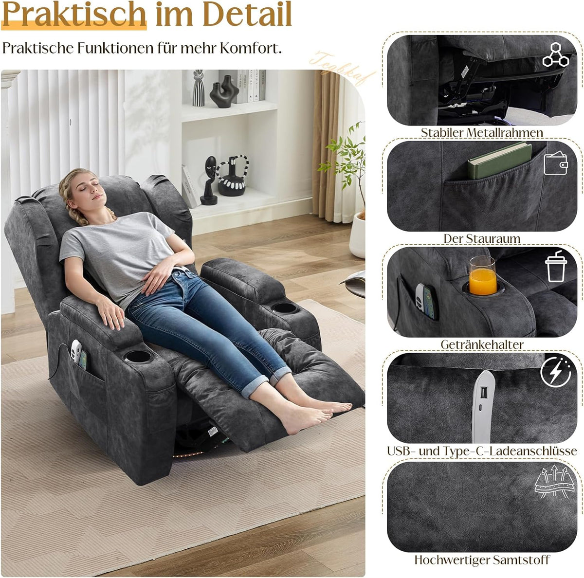 2026 Elektrischer Fernsehsessel Relaxsessel mit Liegefunktion,240°Drehsessel Kinosessel Massagesessel mit Wärmefunktion,TV Sessel Liegesessel fürs Wohnzimmer bis 150kg (Samtstoff, Grau)