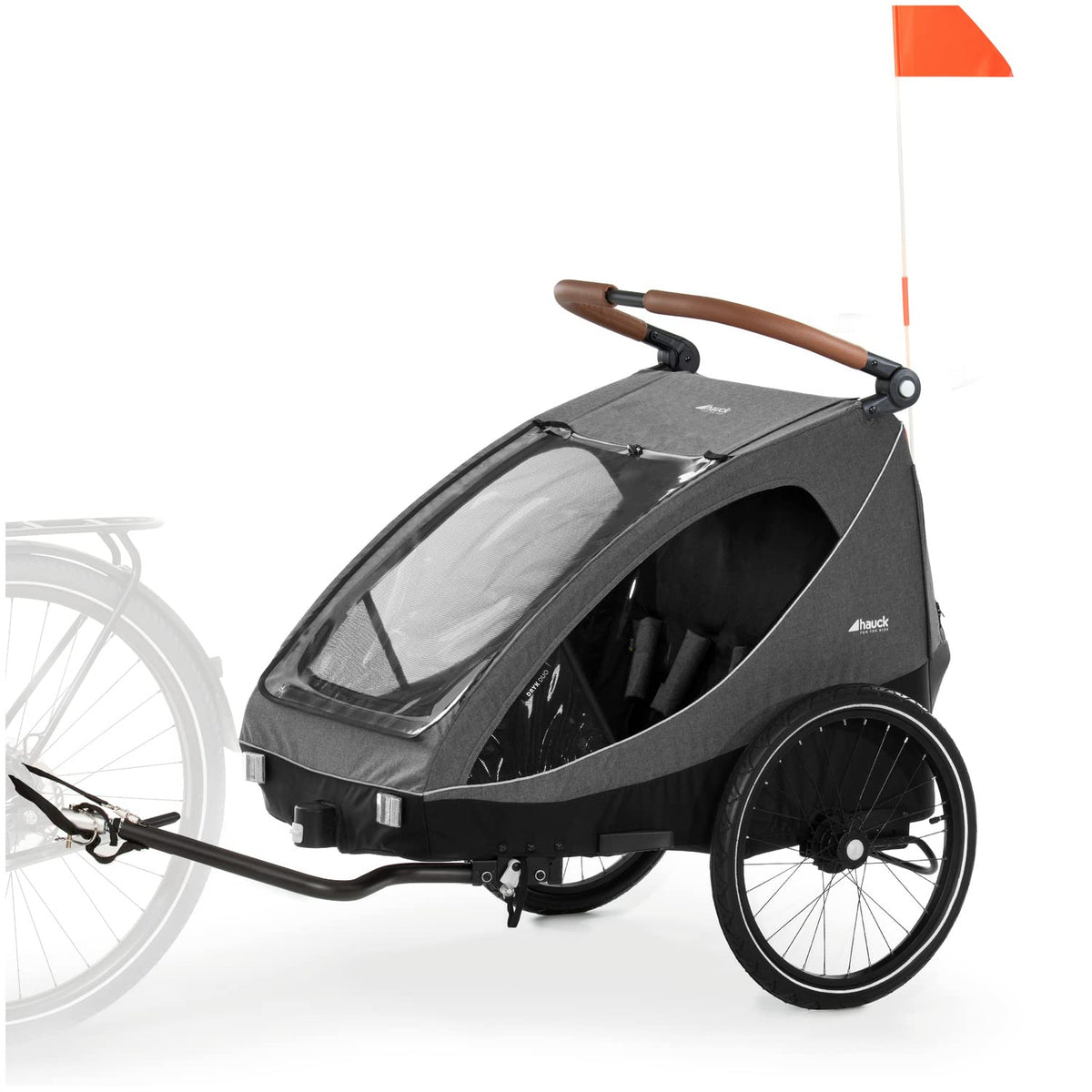 2026 hauck Fahrradanhänger & Kinderwagen Dryk Duo Plus mit Federung, für 2 Kinder (6-48 Monate), inkl. Deichsel, Buggyrad, Fahne und LED Licht, Faltbar, Höhenverstellbar, XL Kofferaum (Dark Green)