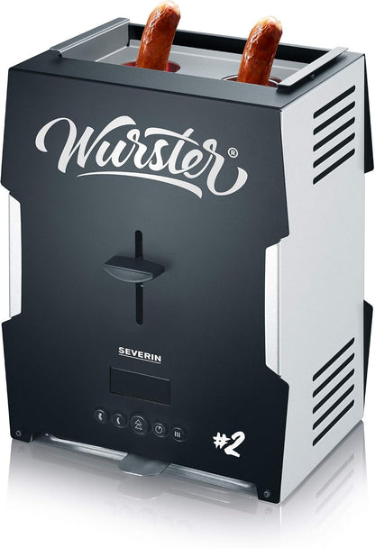 2026 SEVERIN WURSTER, perfekt gebräunte Würstchen auf Knopfdruck in nur 5 Minuten, ohne Zugabe von Fremdfett, inkl. Holzzange, Schwarz, Edelstahl/Kunststoff, WT 5005