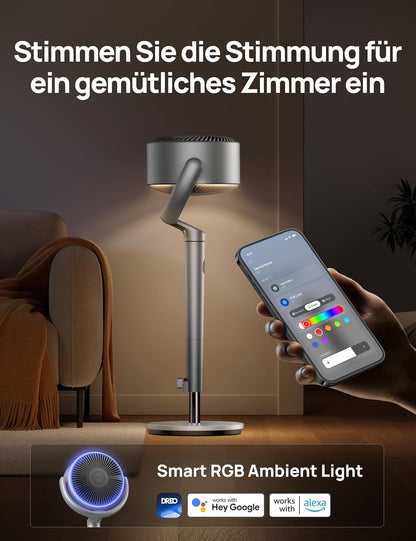 2026 Dreo Smart Standventilator mit RGB Light, 120° +120° Oszillierender Ventilator mit Fernbedienung, 20dB Leiser Bodenventilator für Schlafzimmer, 8H Timer, Silber