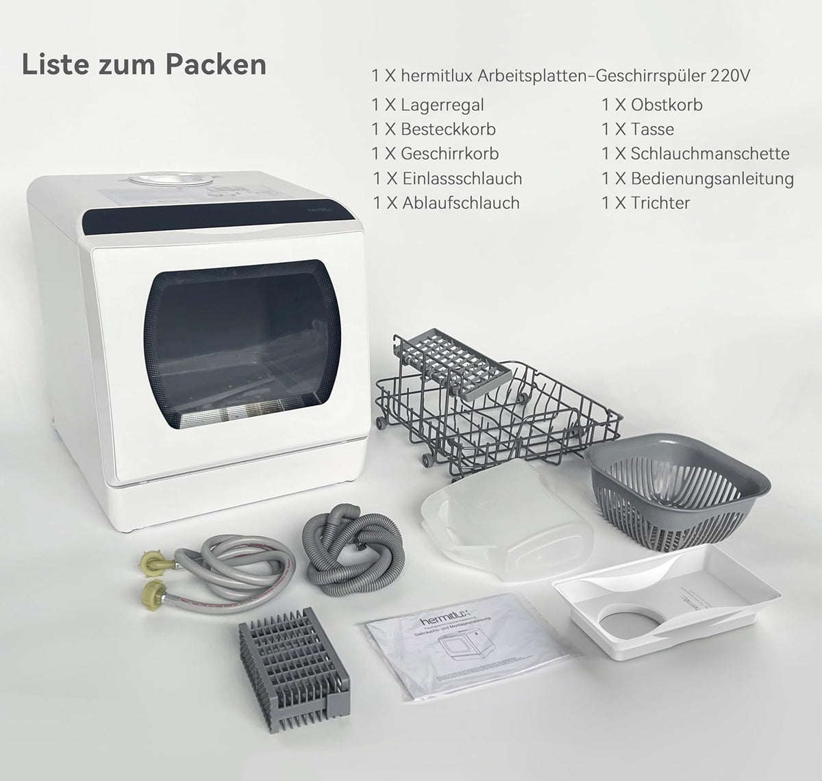 2026 Hermitlux Mini Geschirrspüler, Spülmaschine für 4 Bestecksätze, 5 Liter Wassertank, 6 Programme Mini Tischgeschirrspüler, Perfekt für Wohnungen, Schlafsäle, Camping, Weiß