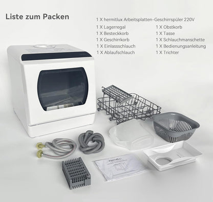 2026 Hermitlux Mini Geschirrspüler, Spülmaschine für 4 Bestecksätze, 5 Liter Wassertank, 6 Programme Mini Tischgeschirrspüler, Perfekt für Wohnungen, Schlafsäle, Camping, Weiß