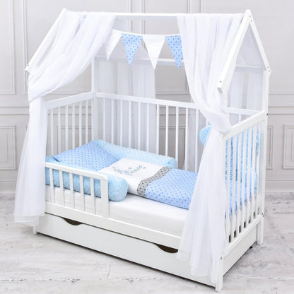 2026 Baby Delux Babybett Komplett Set Hausbett 60x120 cm weiß Schublade Rausfallschutz Kinderbett Matratze Bettwäsche Deko Set (Prince Stars)