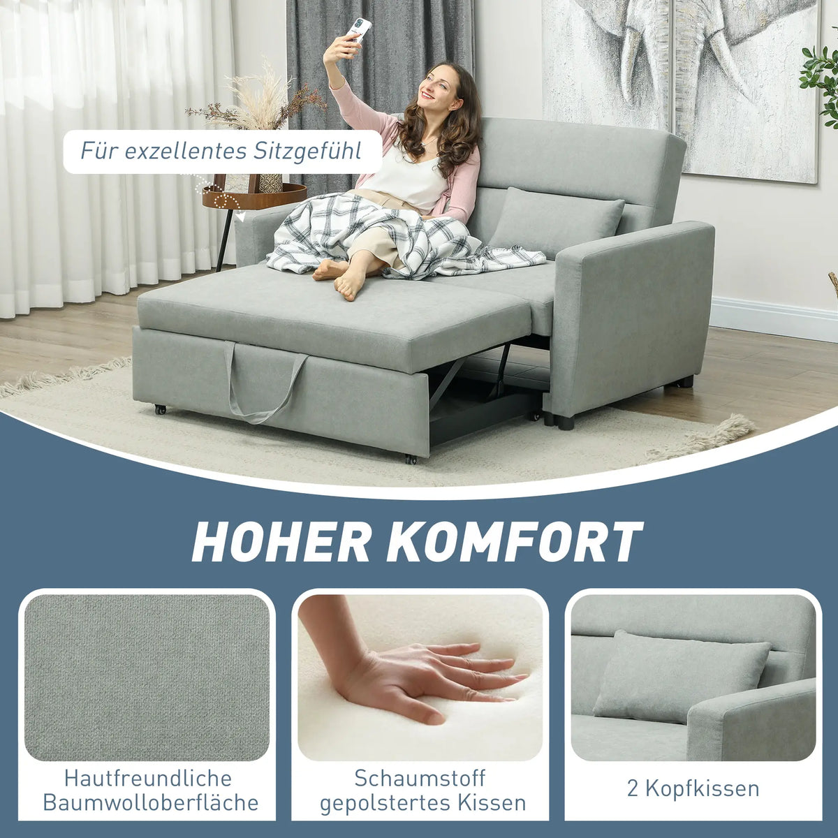 2026 HOMCOM Schlafsofa 2-Sitzer mit Schlaffunktion und Rollen Eukalyptusholz