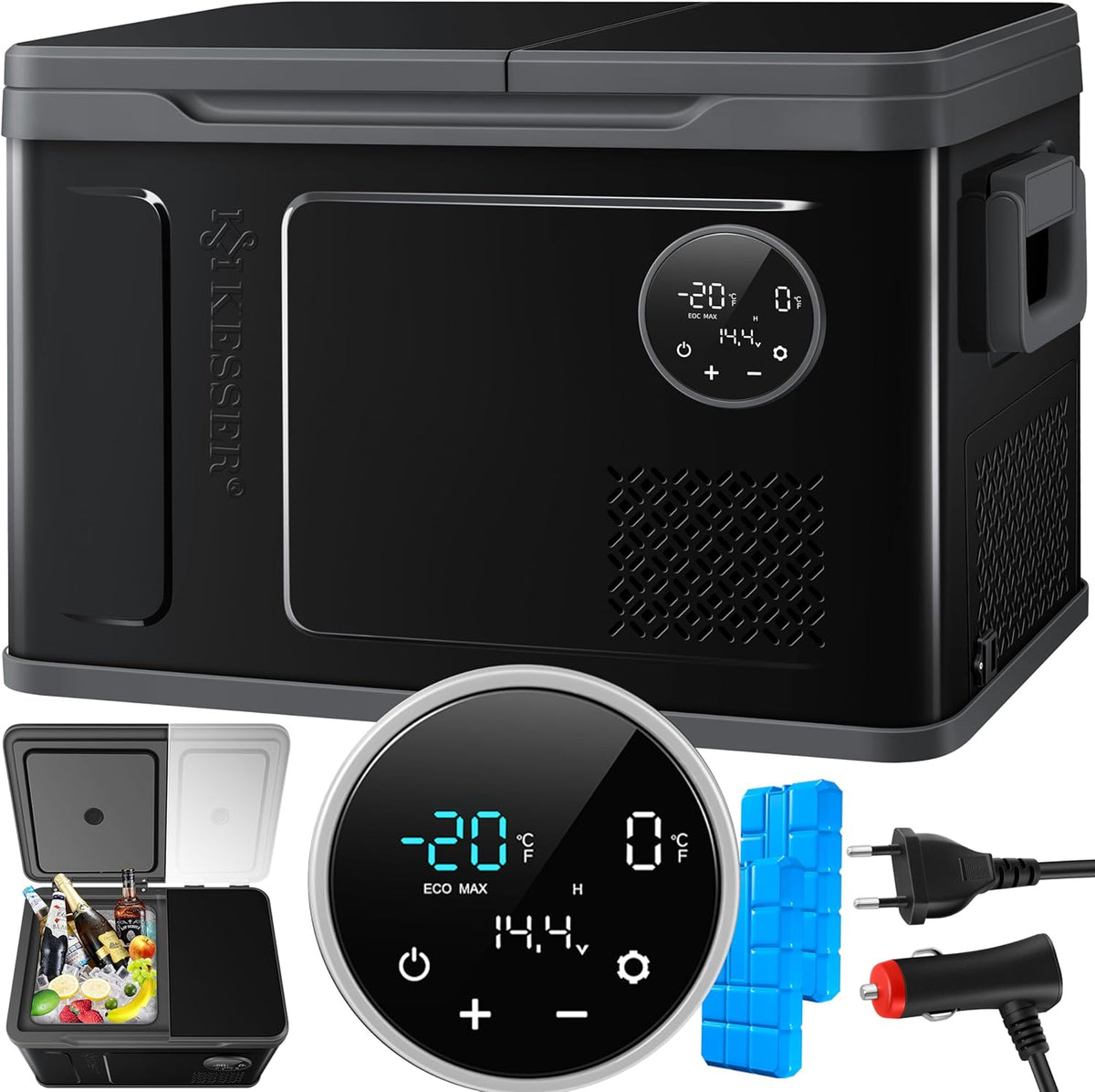 2026 KESSER Kompressor Kühlbox 2in1 Doppelzone Kühl & Gefrierfach elektrische Gefrierbox mit 2x Kühlakkus & LED-Touch-Bedienung | Kühlschrank Kühlung bis -20 °C für Camping, Auto, Lkw 12/24V 230V