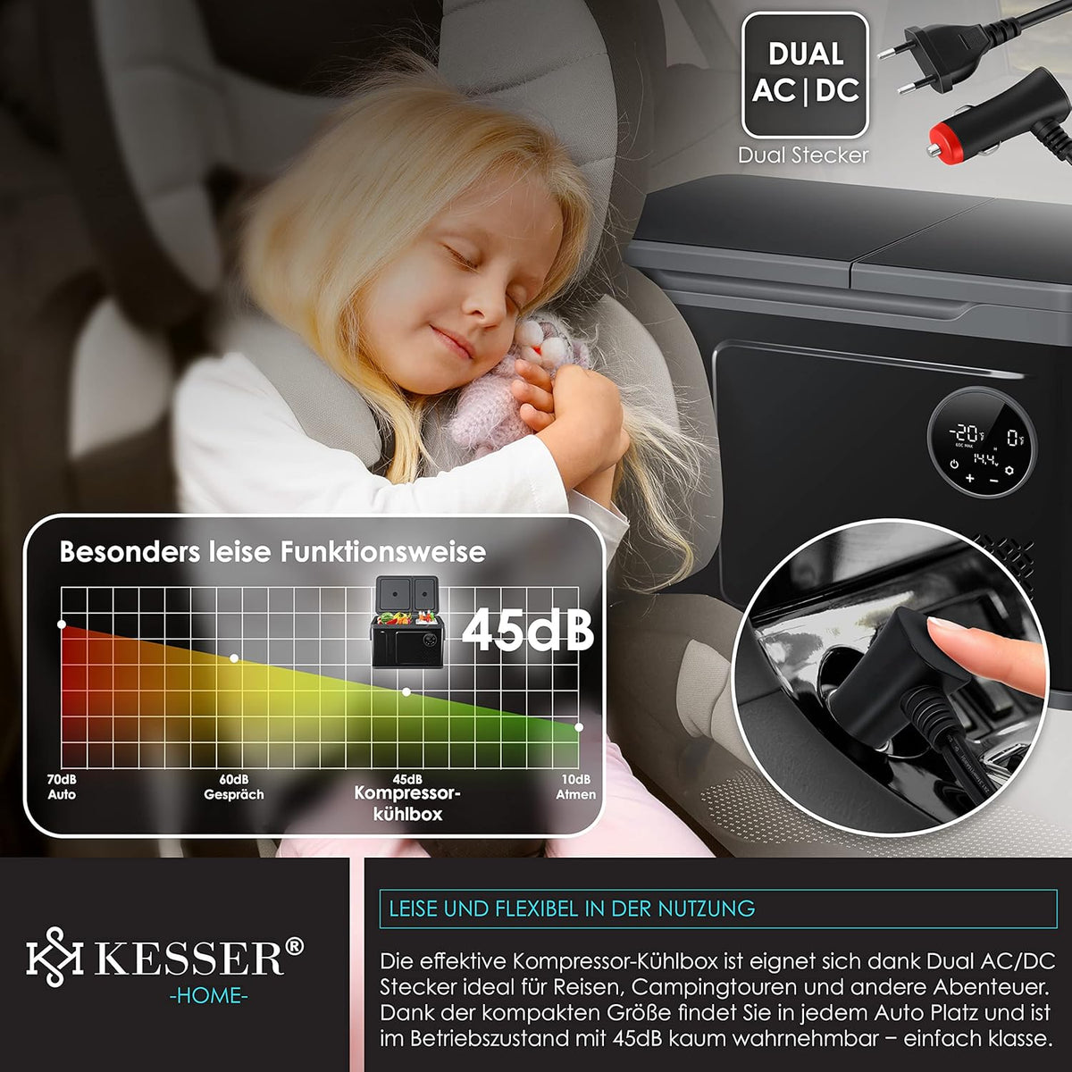 2026 KESSER Kompressor Kühlbox 2in1 Doppelzone Kühl & Gefrierfach elektrische Gefrierbox mit 2x Kühlakkus & LED-Touch-Bedienung | Kühlschrank Kühlung bis -20 °C für Camping, Auto, Lkw 12/24V 230V