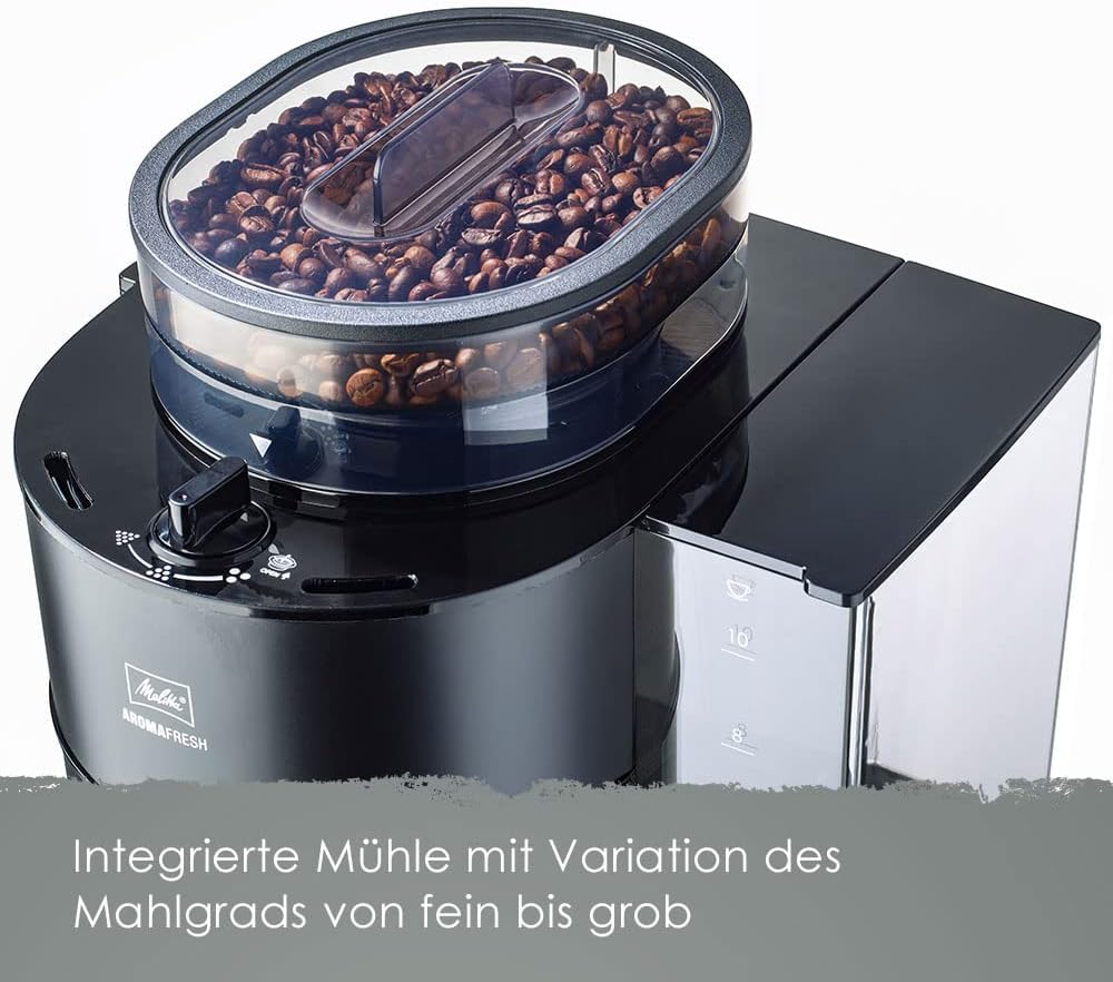 2026 Melitta AromaFresh - Filterkaffeemaschine - mit Glaskanne - integriertes Mahlwerk - Timer Funktion - 10 Tassen - Pure Black