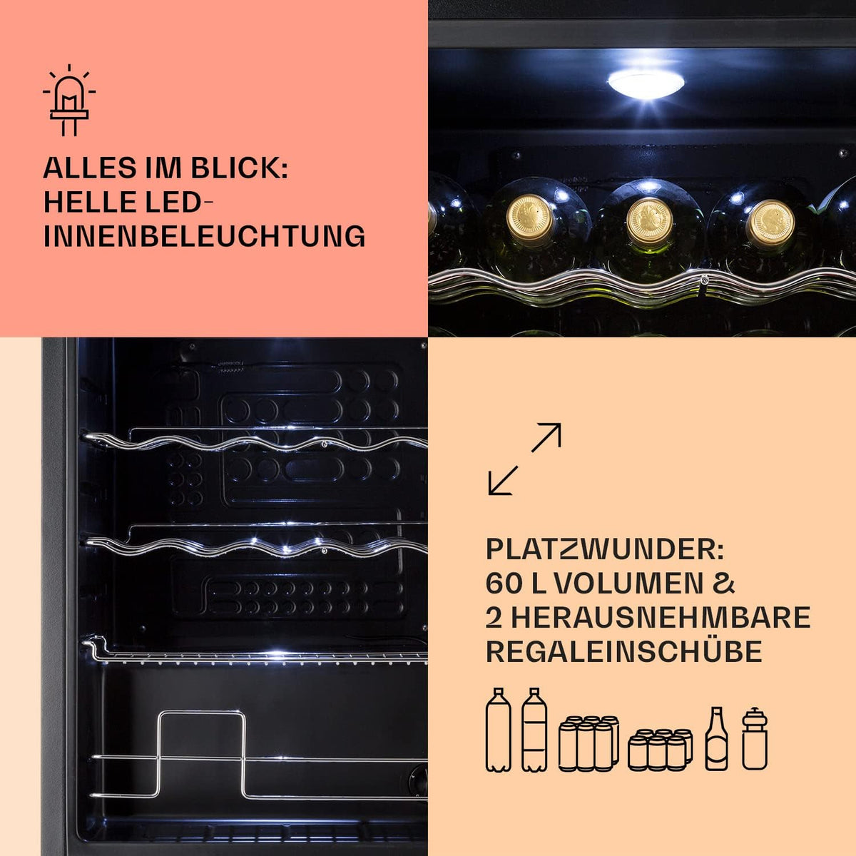 2026 Klarstein Mini Kühlschrank mit Glastür für Zimmer, Getrnkekühlschrank mit Verstellbaren Ablagen, Kleiner 80 Liter, Indoor/Outdoor Kühlschrank Leise