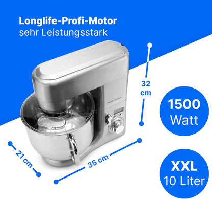 2026 ProfiCook® Küchenmaschine mit XXXL-Edelstahlschüssel | Rühgerät 10L mit 1500W Motor | Knetmaschine inkl. Haken & Schneebesen | Teigknetmaschine Spritzschutz mit Nachfüllöffnung | PC-KM 1096