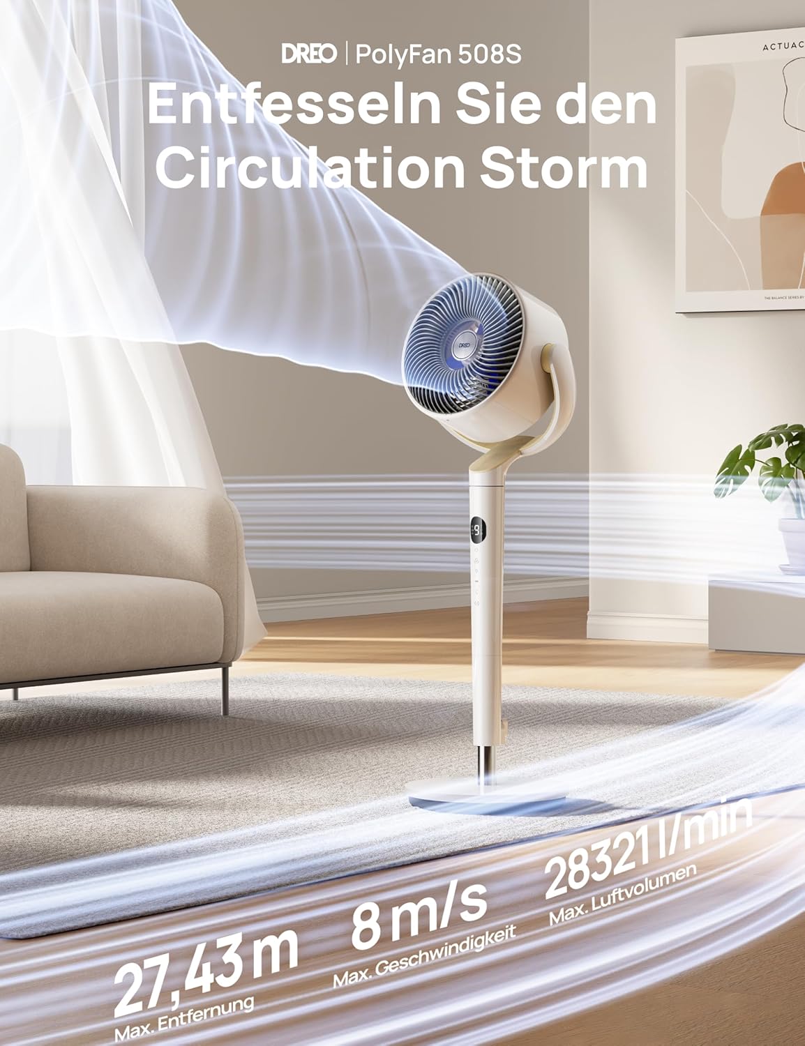 2026 Dreo Smart Standventilator mit RGB Light, 120° +120° Oszillierender Ventilator mit Fernbedienung, 20dB Leiser Bodenventilator für Schlafzimmer, 8H Timer, Silber