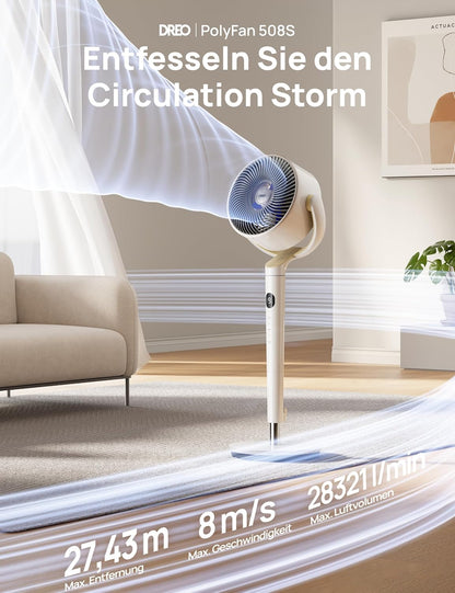 2026 Dreo Smart Standventilator mit RGB Light, 120° +120° Oszillierender Ventilator mit Fernbedienung, 20dB Leiser Bodenventilator für Schlafzimmer, 8H Timer, Silber
