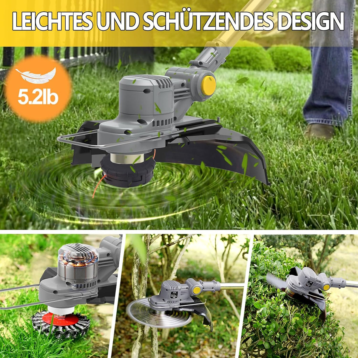 2026 Akku Rasentrimmer mit Akku und Unkrautbürste 4 in 1 Freischneider mit Unkrautbürste 21V Bürstenloser Freischneider, Elektro Motorsense mit 2 Akku 4.0Ah und Ladegerät Teleskop, Verstellbarer, Orange