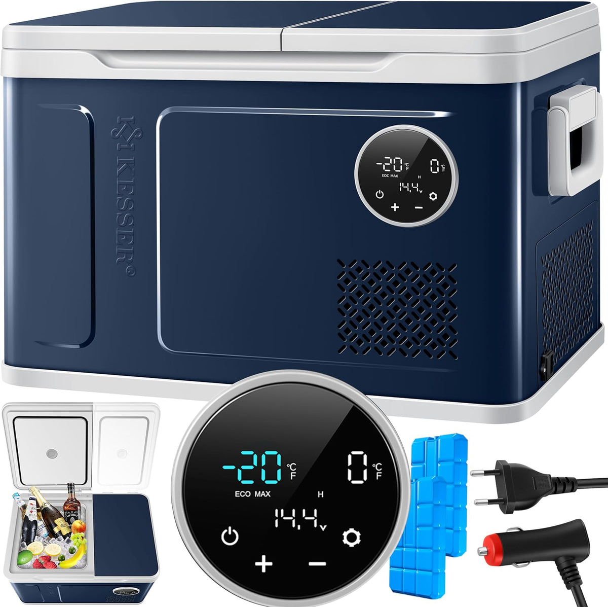 2026 KESSER Kompressor Kühlbox 2in1 Doppelzone Kühl & Gefrierfach elektrische Gefrierbox mit 2x Kühlakkus & LED-Touch-Bedienung | Kühlschrank Kühlung bis -20 °C für Camping, Auto, Lkw 12/24V 230V