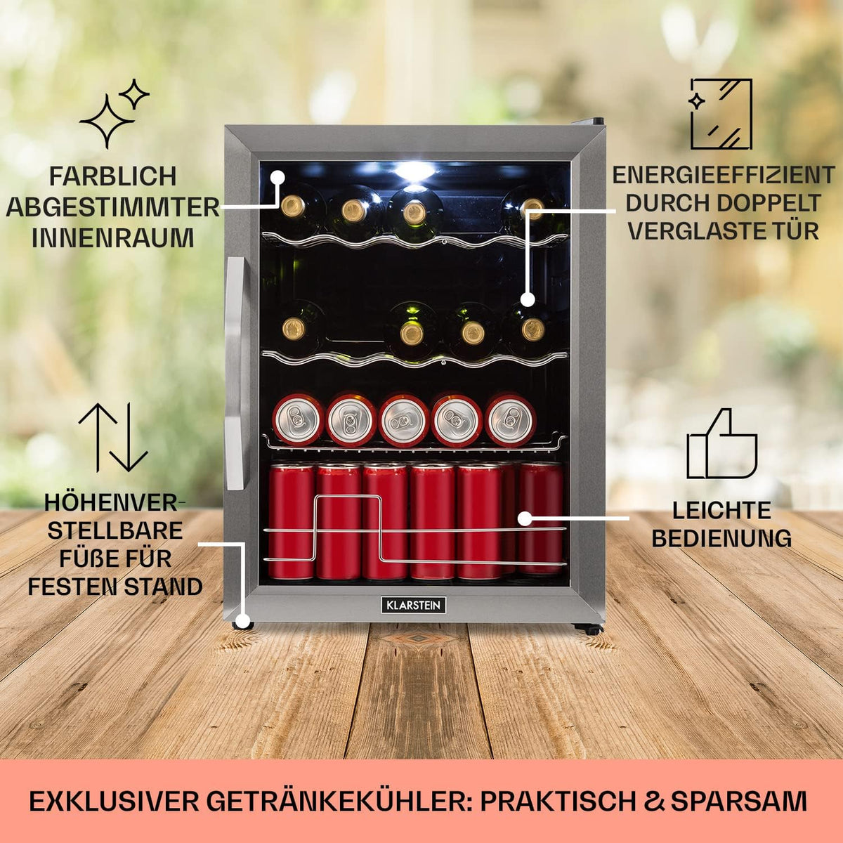 2026 Klarstein Mini Kühlschrank mit Glastür für Zimmer, Getrnkekühlschrank mit Verstellbaren Ablagen, Kleiner 80 Liter, Indoor/Outdoor Kühlschrank Leise