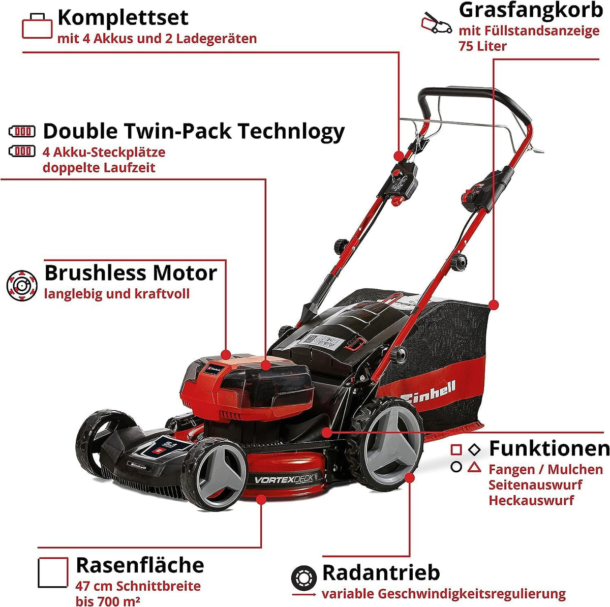2026 Einhell Akku-Rasenmher GE-CM 36/47 S HW Li Kit Power X-Change (36 V, 47 cm Schnittbreite, bis 700 m, Brushless, Radantrieb, 75 L Fangkorb, inkl. 4x 4,0 Ah + 2x Twincharger)