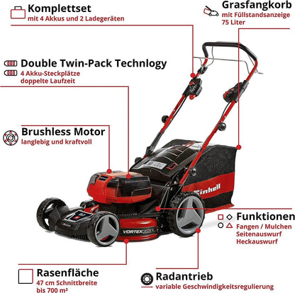 2026 Einhell Akku-Rasenmher GE-CM 36/47 S HW Li Kit Power X-Change (36 V, 47 cm Schnittbreite, bis 700 m, Brushless, Radantrieb, 75 L Fangkorb, inkl. 4x 4,0 Ah + 2x Twincharger)