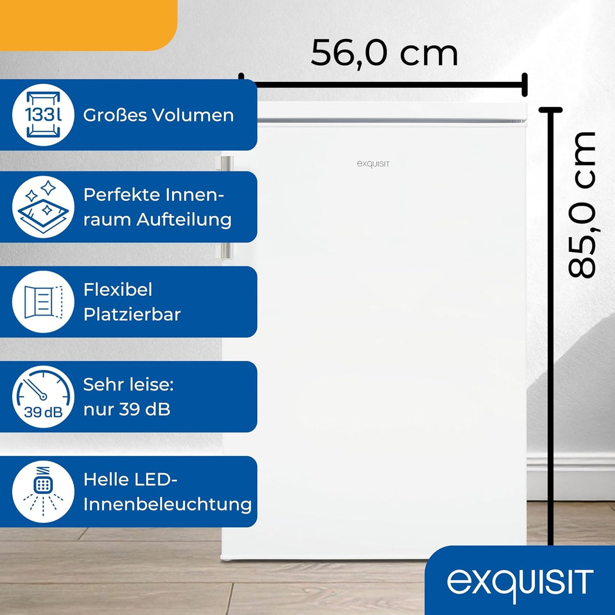 2026 Exquisit Kühlschrank ohne Gefrierfach, 133 Liter, Vollraumkühlschrank freistehend, Türanschlag Wechselbar, KS516-V-H-010D weiss