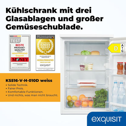 2026 Exquisit Kühlschrank ohne Gefrierfach, 133 Liter, Vollraumkühlschrank freistehend, Türanschlag Wechselbar, KS516-V-H-010D weiss
