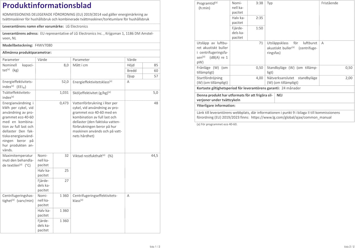 2026 LG F4WV7080, Klasse A, Frontlader-Waschmaschine 8 kg, 1400 U/Min, AI Direct Drive, Wi-Fi, Tiefenreinigung mit Dampf, Groe Kapazitt, TRIPLE A, Auentür aus Sicherheitsglas, 62 x 60 x 85 cm Wei